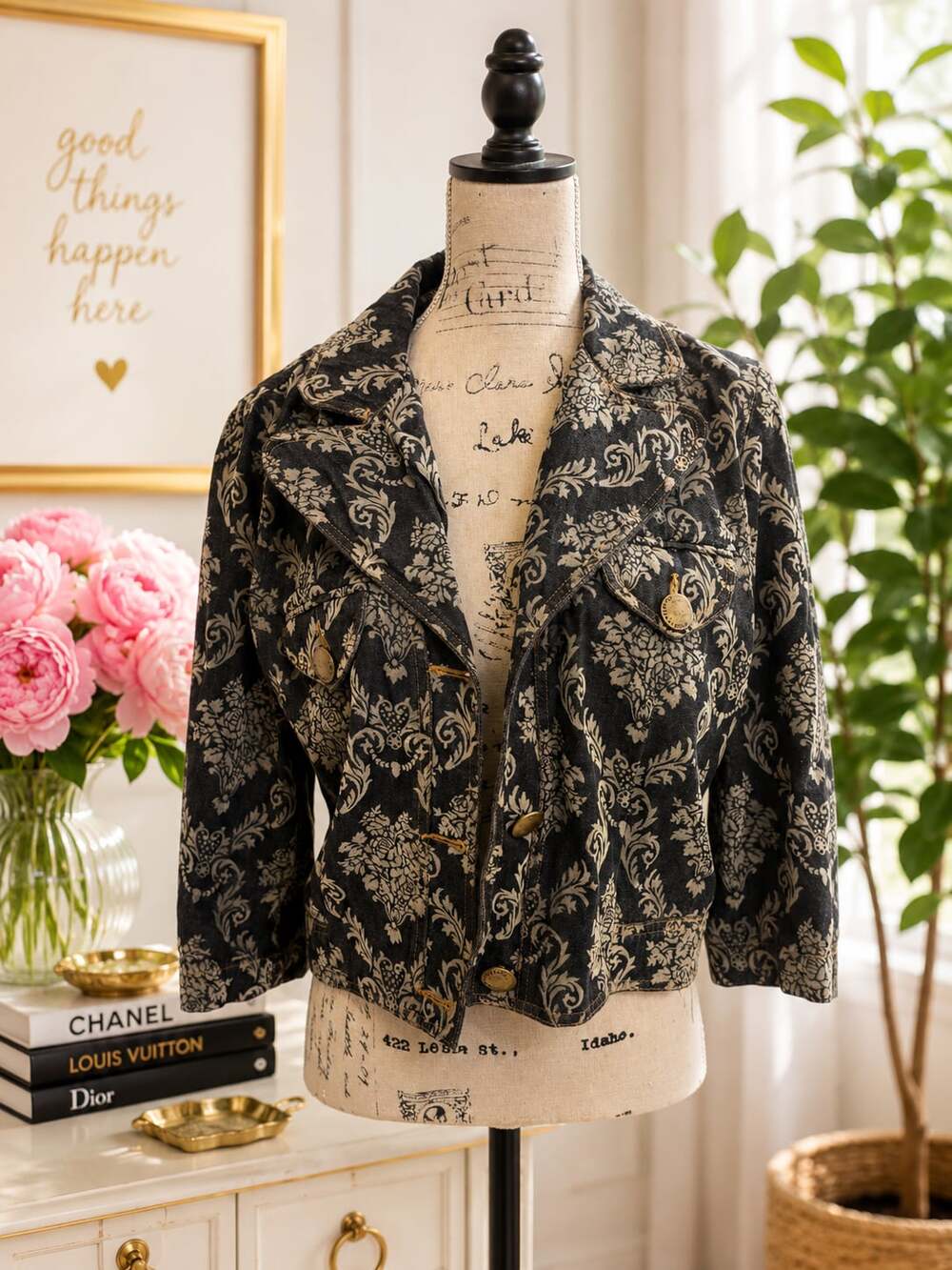 Parallel Womens Black Denim Floral Jacquard Cropped Jacket Size 14